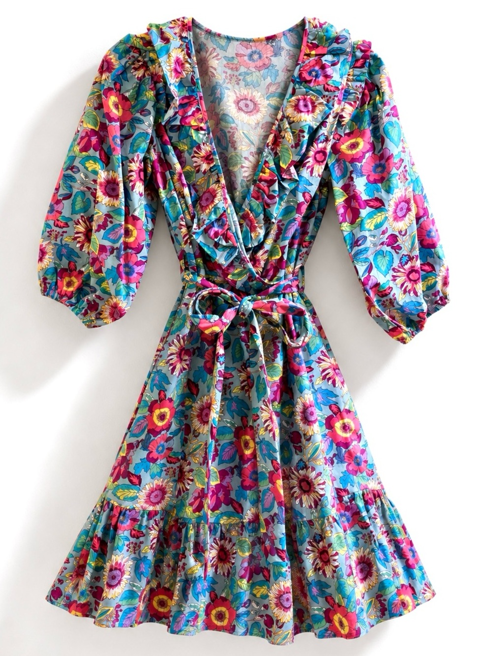 Code x Mode Blue Pink Floral V-Neck Puff Sleeve Dress  Size Small
